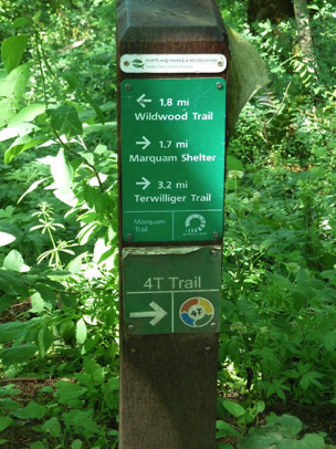 There the familiar trail marker directs us to the Marquam Shelter — 1.7 miles ahead